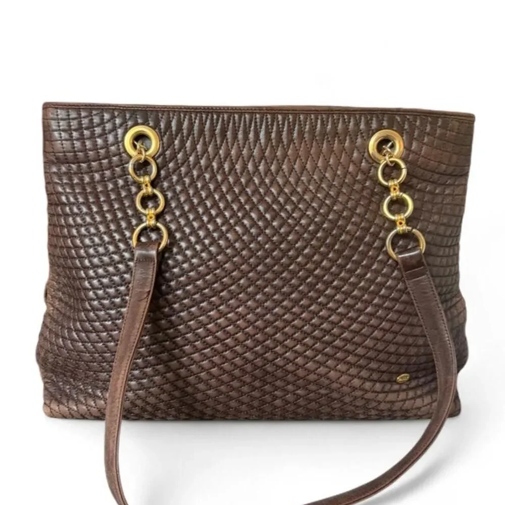 Bally Brown Quilted Leather Chain Shoulder Tote Bag Gold Hardware Large